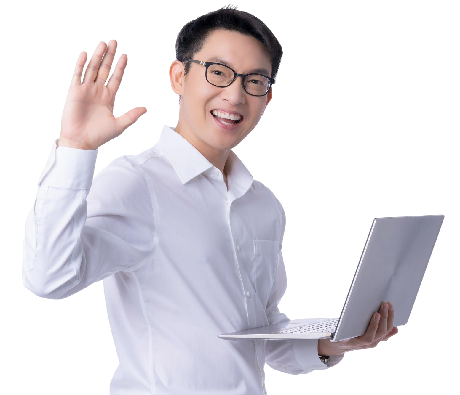 business-communication-ideas-concept-with-asian-attractive-male-white-shirt-hand-hold-laptop-smile-happiness-hand-gesture-pose-joyful-moment